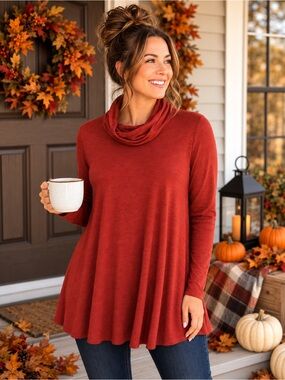Azules Rust Cowl Neck Swing Tunic Top Medium USA Soft Rayon Boho NWOT